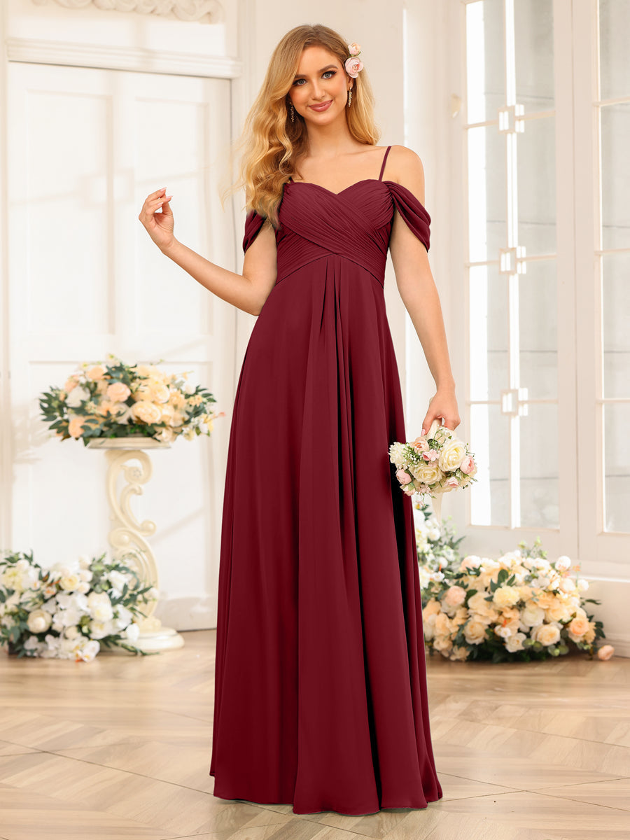 A-Line/Princess Spaghetti Straps Long Wedding Party Dresses with Ruched Wine Red