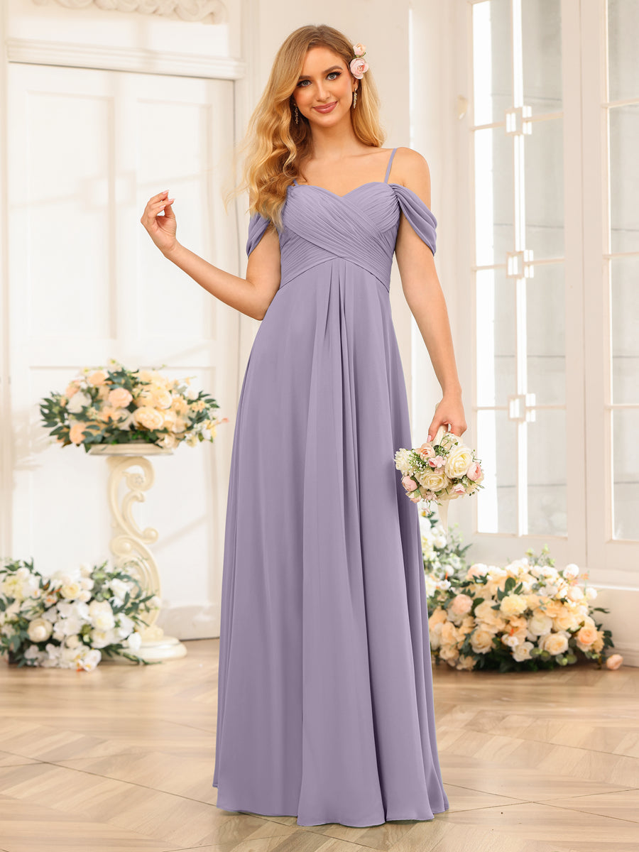 A-Line/Princess Spaghetti Straps Long Wedding Party Dresses with Ruched Wisteria