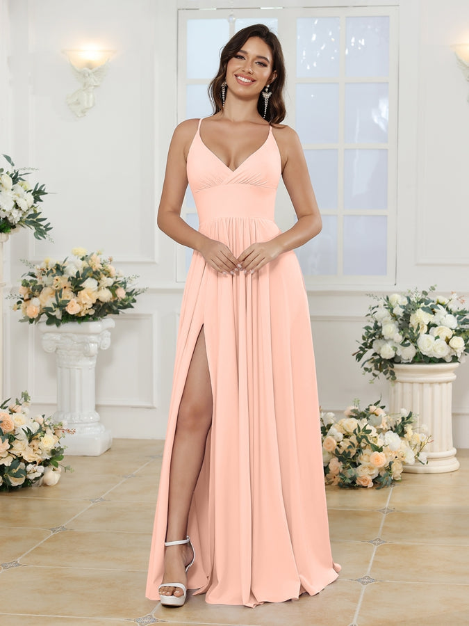 A-Line/Princess Spaghetti Straps Long Wedding Party Dresses with Split Side Blush Pink