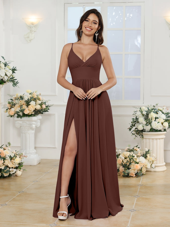 A-Line/Princess Spaghetti Straps Long Wedding Party Dresses with Split Side Brown