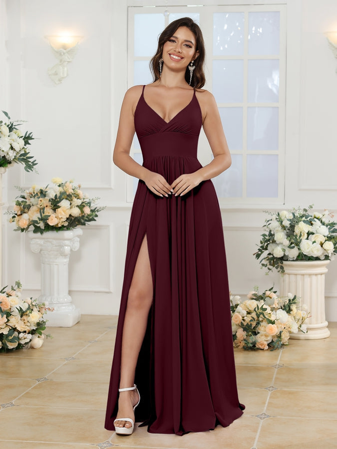 A-Line/Princess Spaghetti Straps Long Wedding Party Dresses with Split Side Burgundy