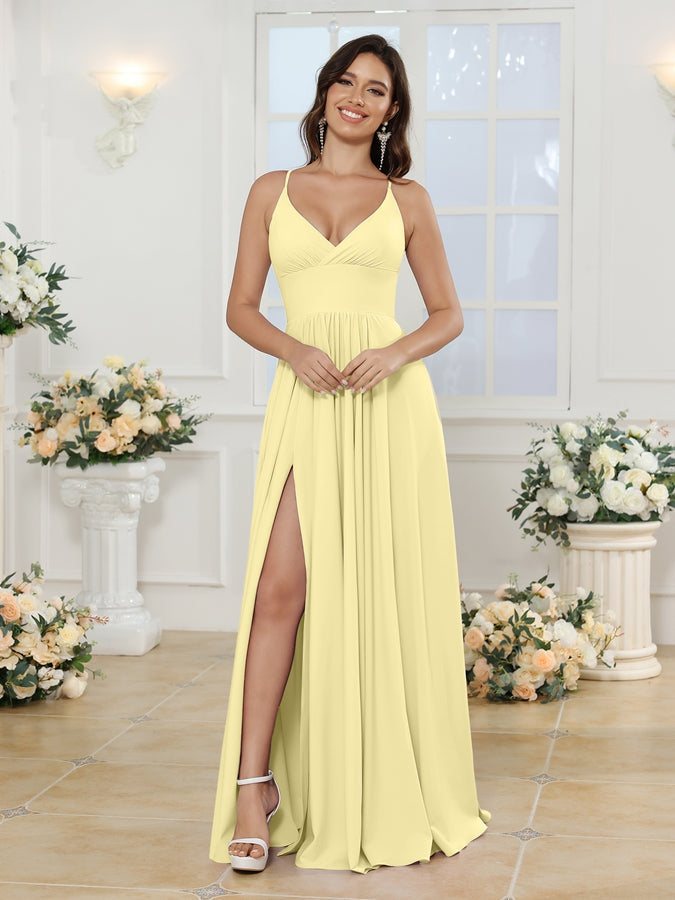 A-Line/Princess Spaghetti Straps Long Wedding Party Dresses with Split Side Canary