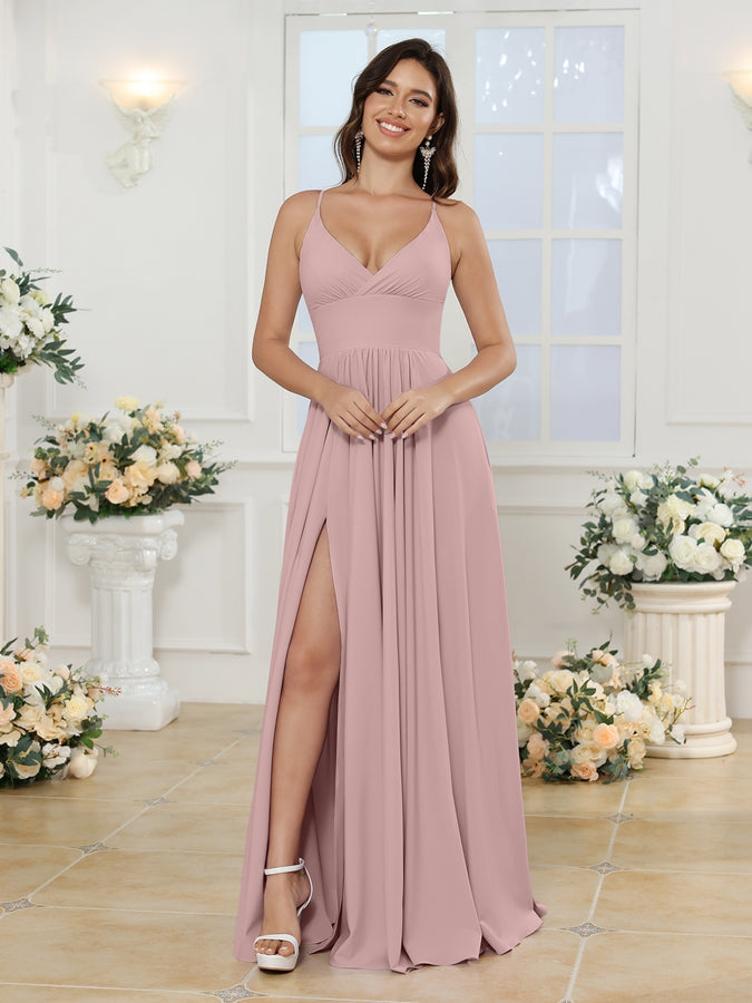 A-Line/Princess Spaghetti Straps Long Wedding Party Dresses with Split Side Dusty Pink