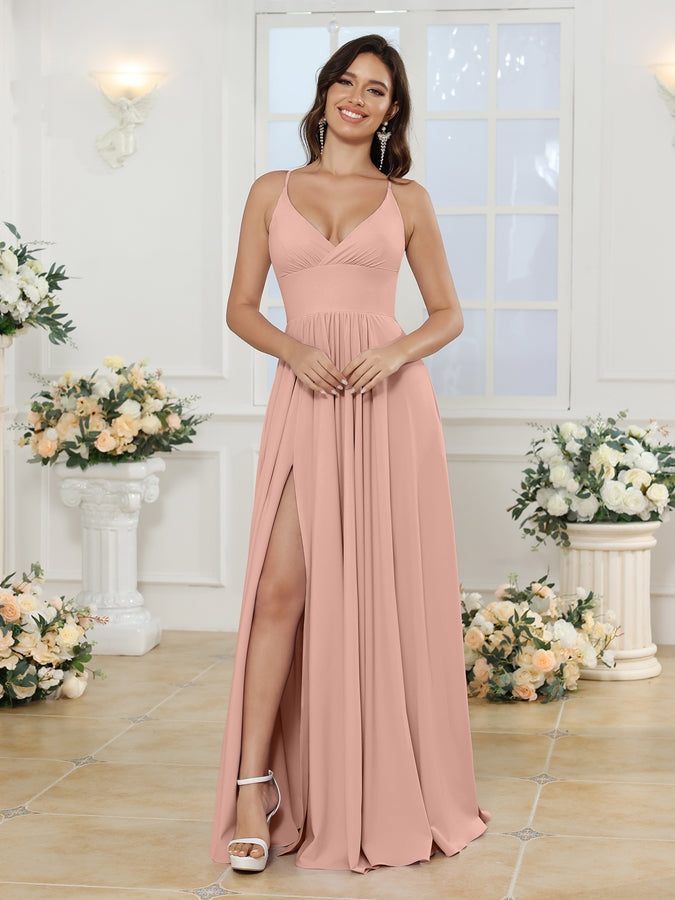 A-Line/Princess Spaghetti Straps Long Wedding Party Dresses with Split Side Dusty Rose