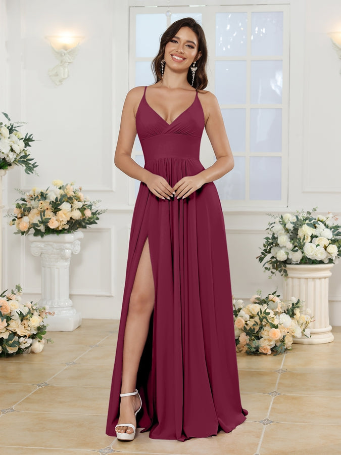 A-Line/Princess Spaghetti Straps Long Wedding Party Dresses with Split Side Light Burgundy