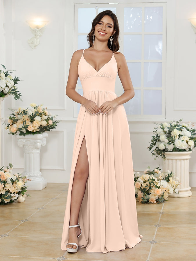 A-Line/Princess Spaghetti Straps Long Wedding Party Dresses with Split Side Light Champagne