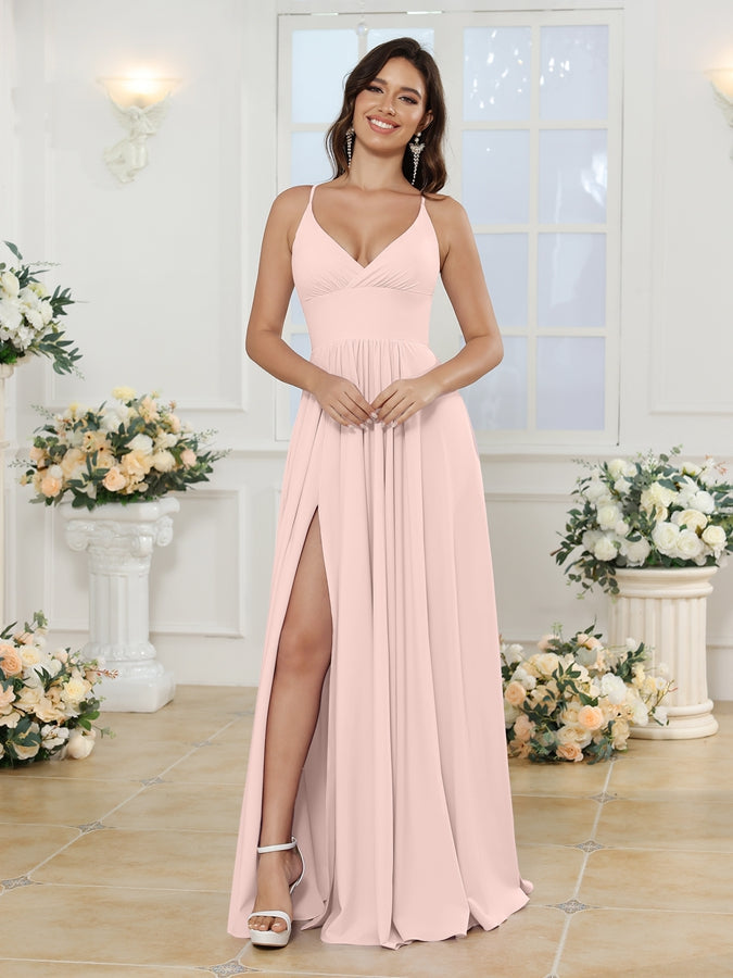 A-Line/Princess Spaghetti Straps Long Wedding Party Dresses with Split Side Light Pink