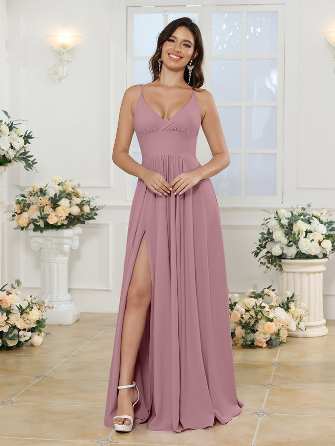 A-Line/Princess Spaghetti Straps Long Wedding Party Dresses with Split Side Mauve