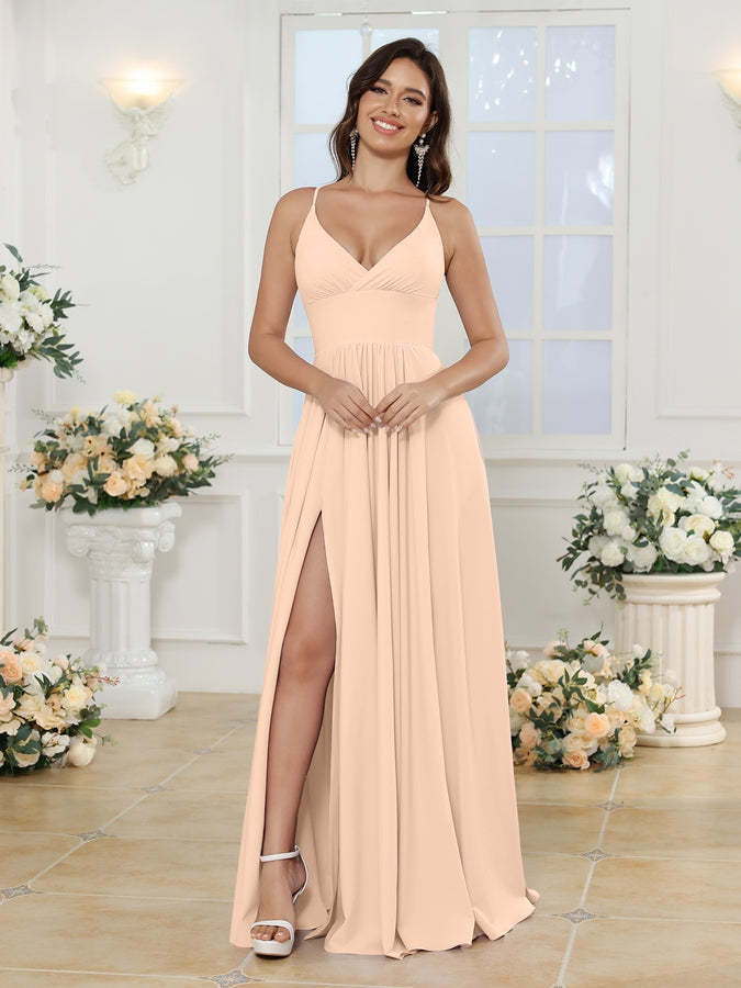 A-Line/Princess Spaghetti Straps Long Wedding Party Dresses with Split Side Peach Pink