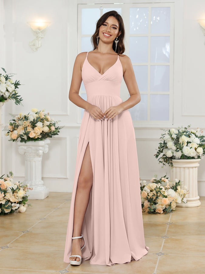 A-Line/Princess Spaghetti Straps Long Wedding Party Dresses with Split Side Pearl Pink