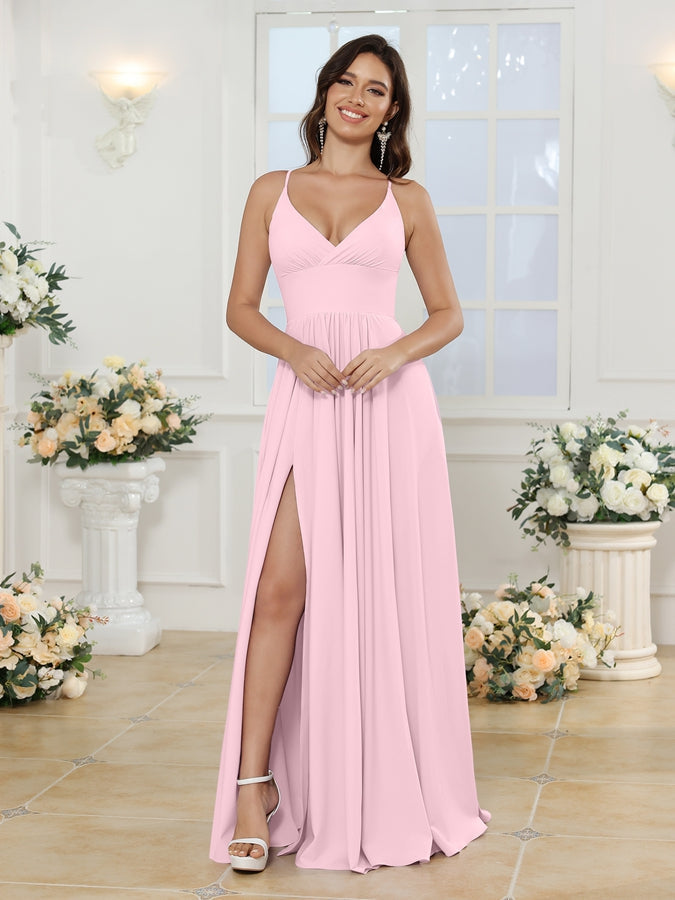 A-Line/Princess Spaghetti Straps Long Wedding Party Dresses with Split Side Pink