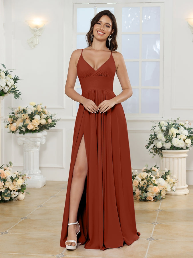 A-Line/Princess Spaghetti Straps Long Wedding Party Dresses with Split Side Rust