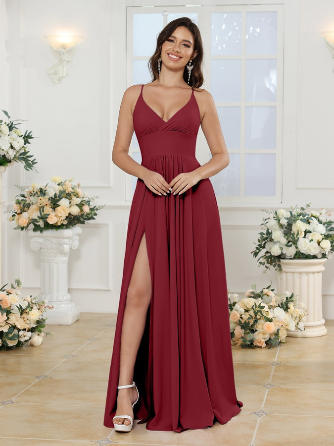 A-Line/Princess Spaghetti Straps Long Wedding Party Dresses with Split Side Wine Red