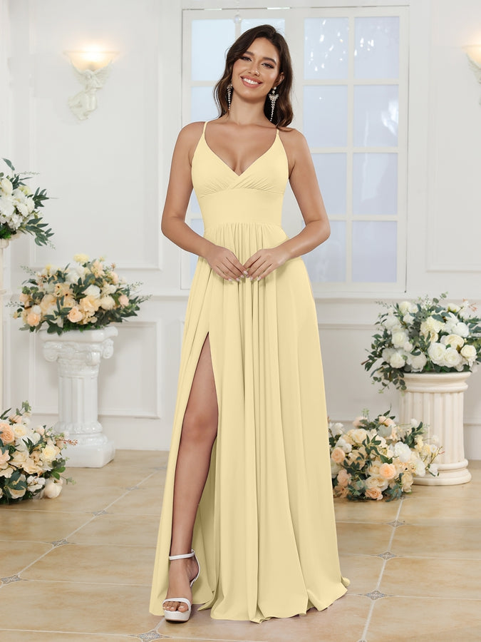 A-Line/Princess Spaghetti Straps Long Wedding Party Dresses with Split Side Yellow
