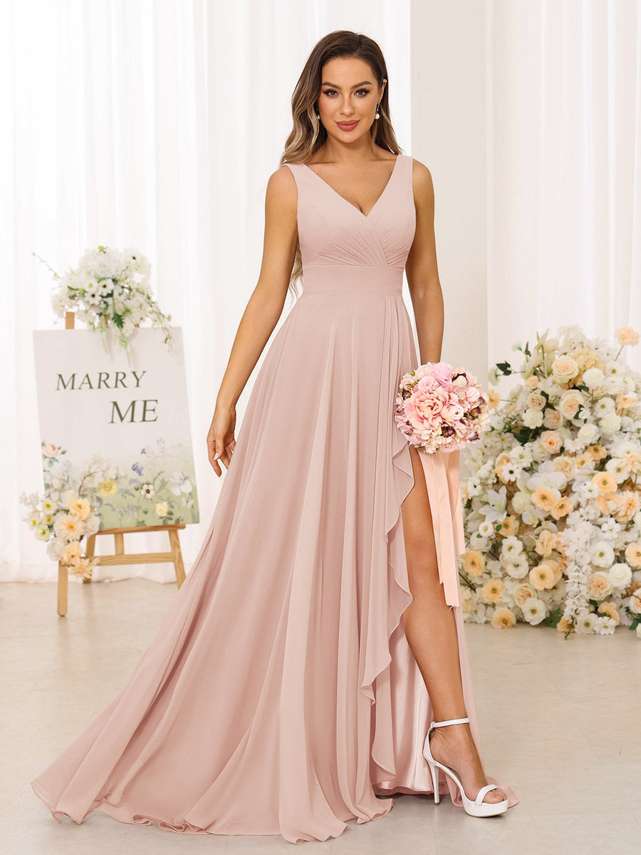 A-Line/Princess V-Neck Split Side Long Bridesmaid Dresses with Pockets Blush Pink