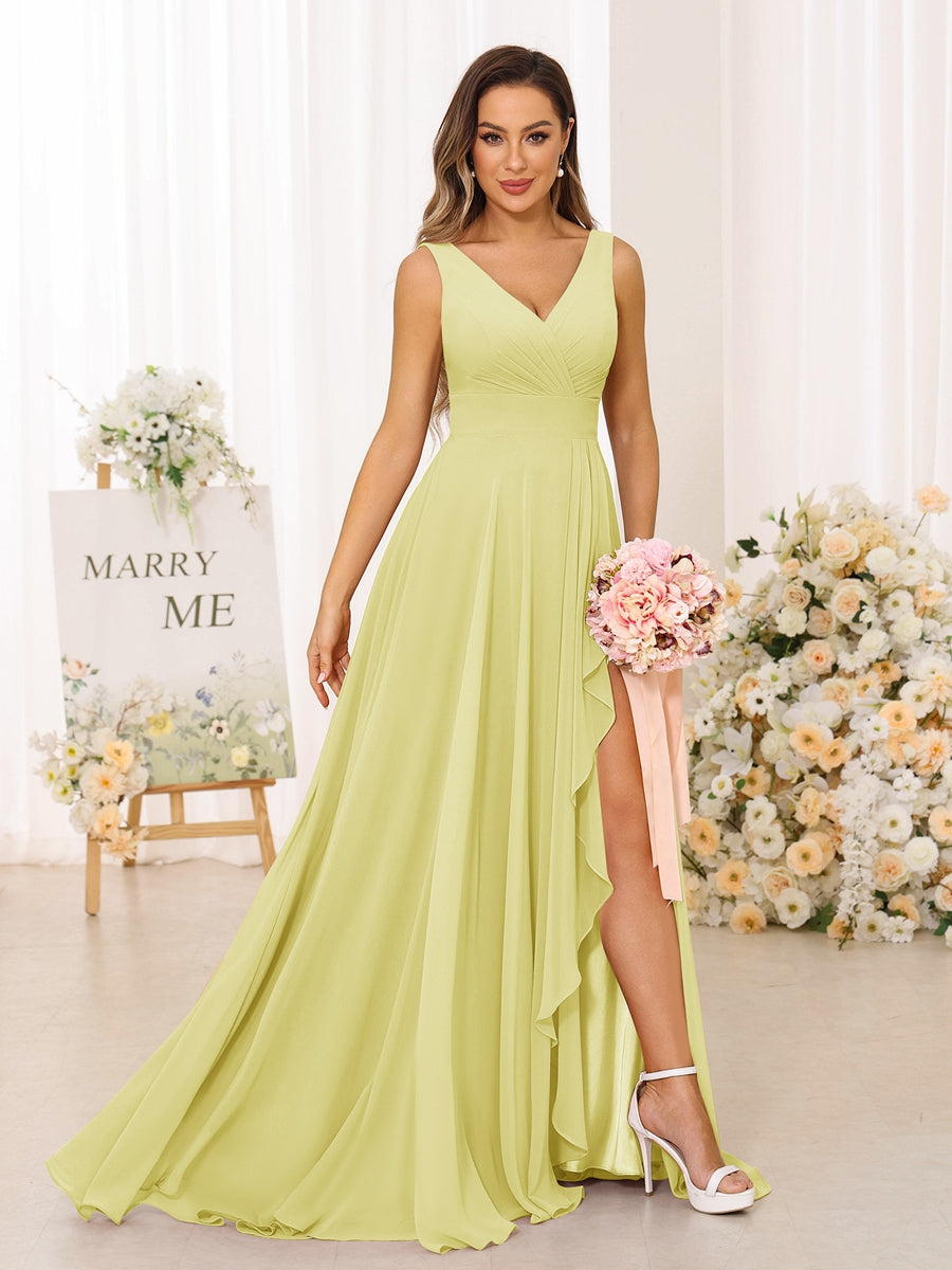 A-Line/Princess V-Neck Split Side Long Bridesmaid Dresses with Pockets Canary