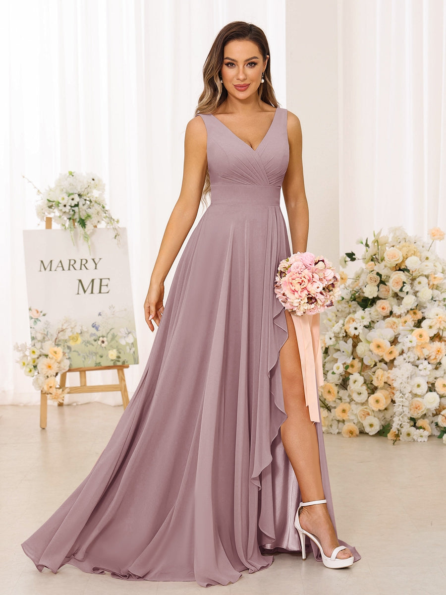 A-Line/Princess V-Neck Split Side Long Bridesmaid Dresses with Pockets Dusty Pink