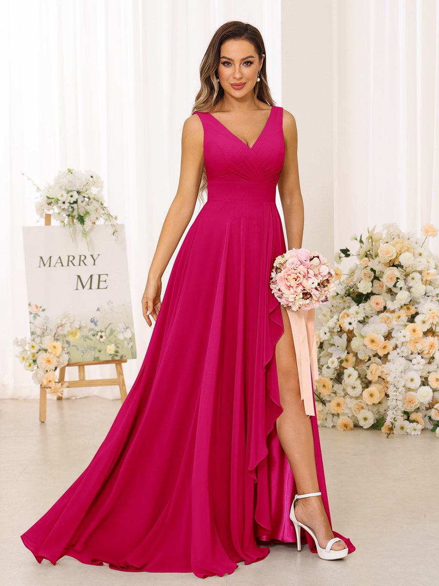 A-Line/Princess V-Neck Split Side Long Bridesmaid Dresses with Pockets Fuchsia