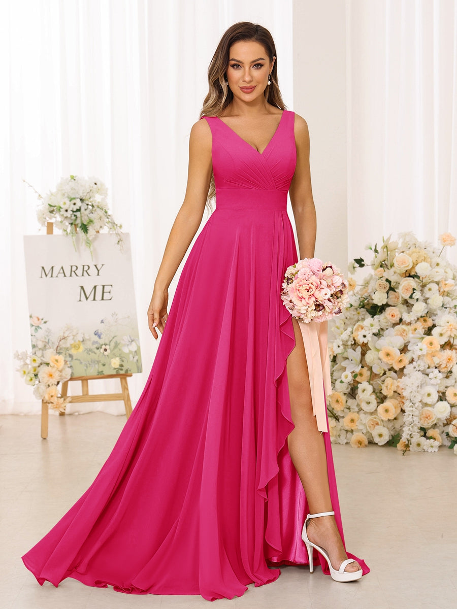 A-Line/Princess V-Neck Split Side Long Bridesmaid Dresses with Pockets Hot Pink