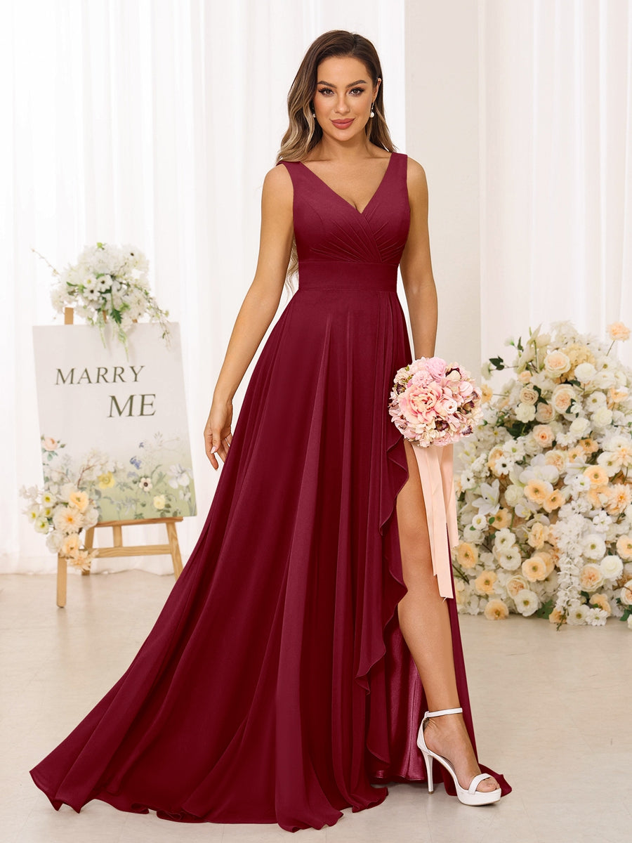 A-Line/Princess V-Neck Split Side Long Bridesmaid Dresses with Pockets Light Burgundy
