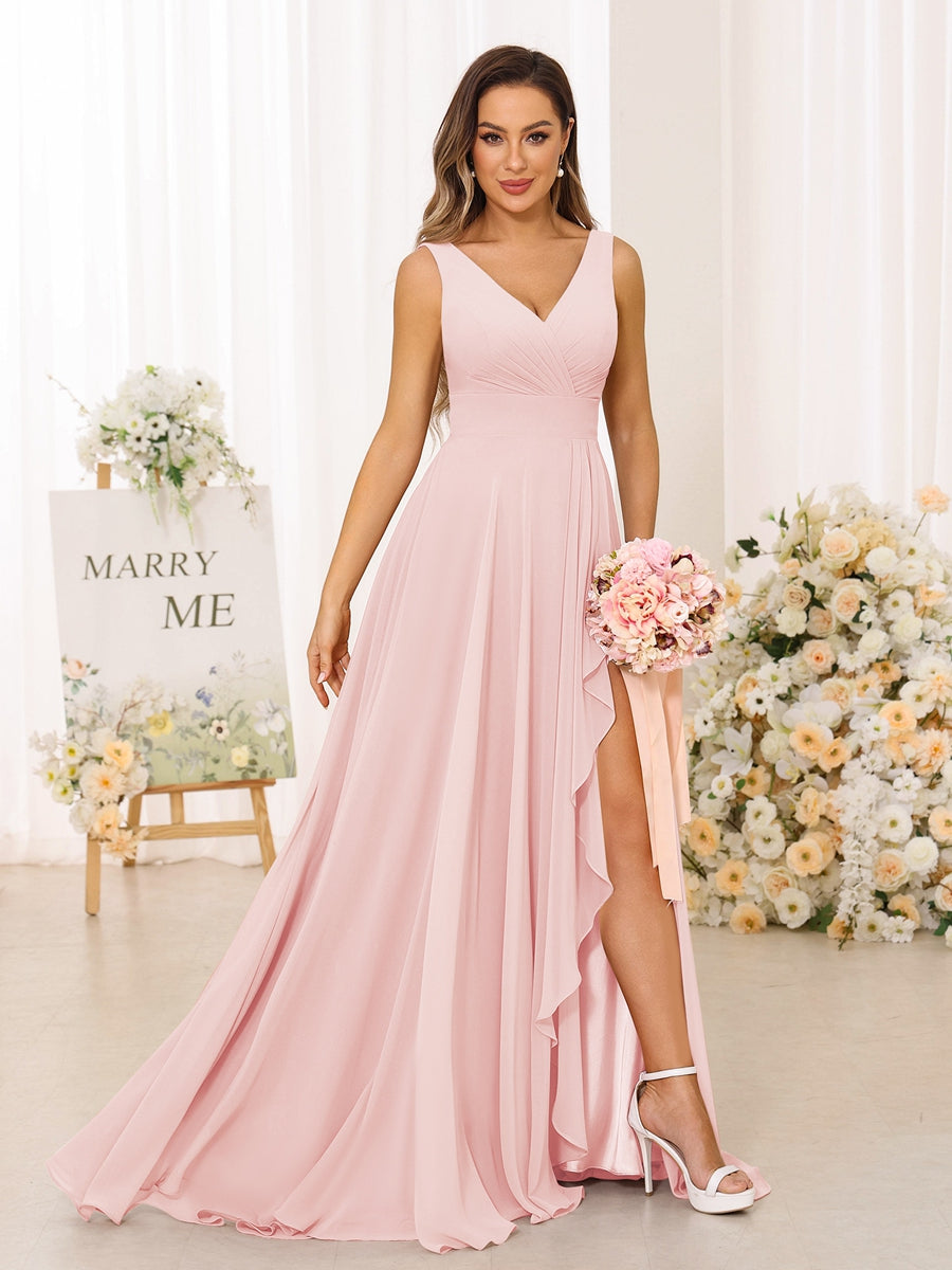 A-Line/Princess V-Neck Split Side Long Bridesmaid Dresses with Pockets Fuchsia Pink