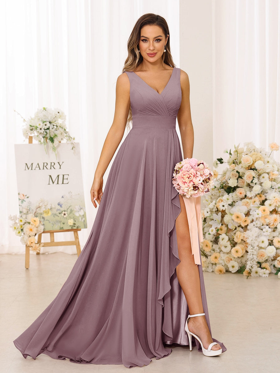 A-Line/Princess V-Neck Split Side Long Bridesmaid Dresses with Pockets Mauve