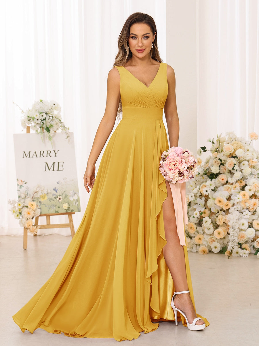 A-Line/Princess V-Neck Split Side Long Bridesmaid Dresses with Pockets Mustard Yellow