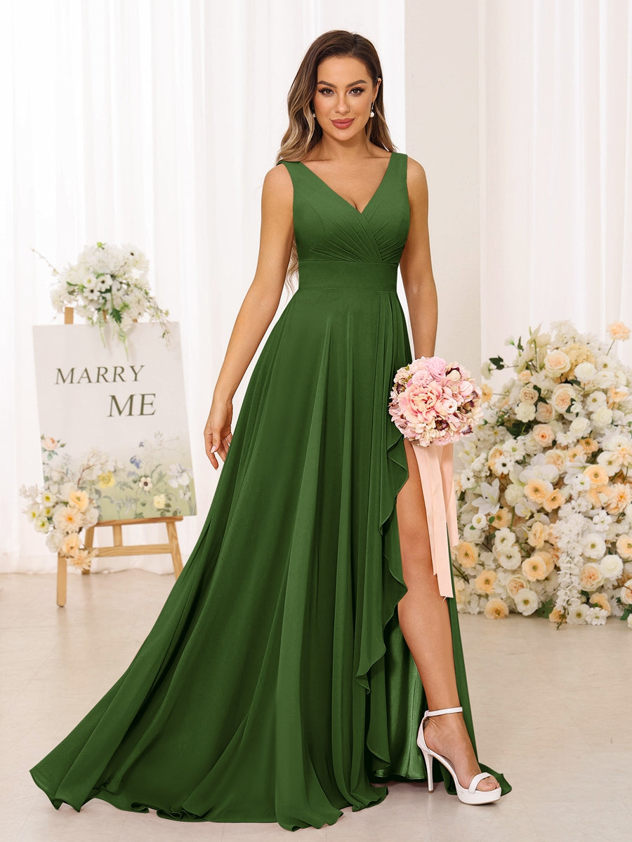 A-Line/Princess V-Neck Split Side Long Bridesmaid Dresses with Pockets Olive Green