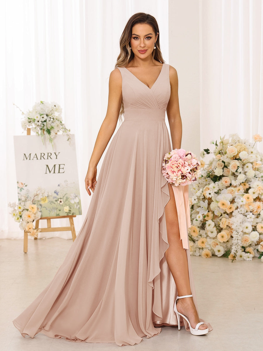 A-Line/Princess V-Neck Split Side Long Bridesmaid Dresses with Pockets Peach Pink