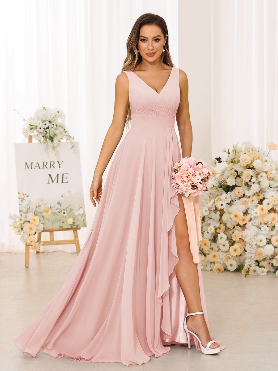 A-Line/Princess V-Neck Split Side Long Bridesmaid Dresses with Pockets Pearl Pink