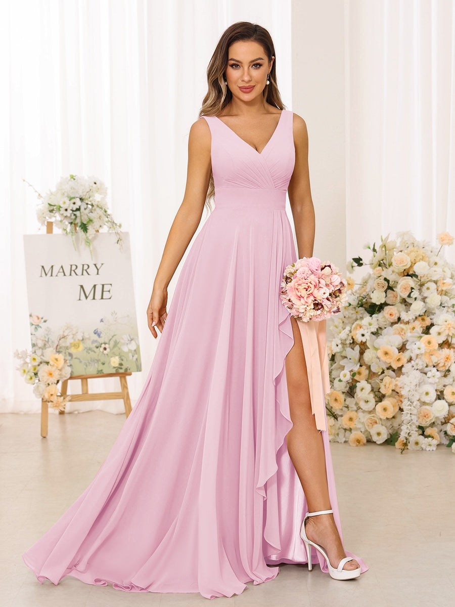 A-Line/Princess V-Neck Split Side Long Bridesmaid Dresses with Pockets Pink