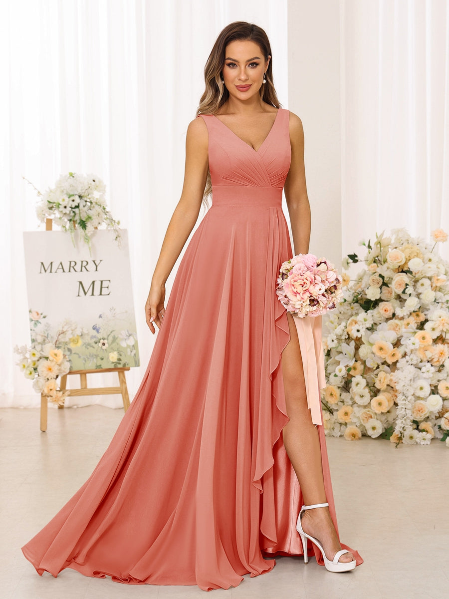 A-Line/Princess V-Neck Split Side Long Bridesmaid Dresses with Pockets Salmon
