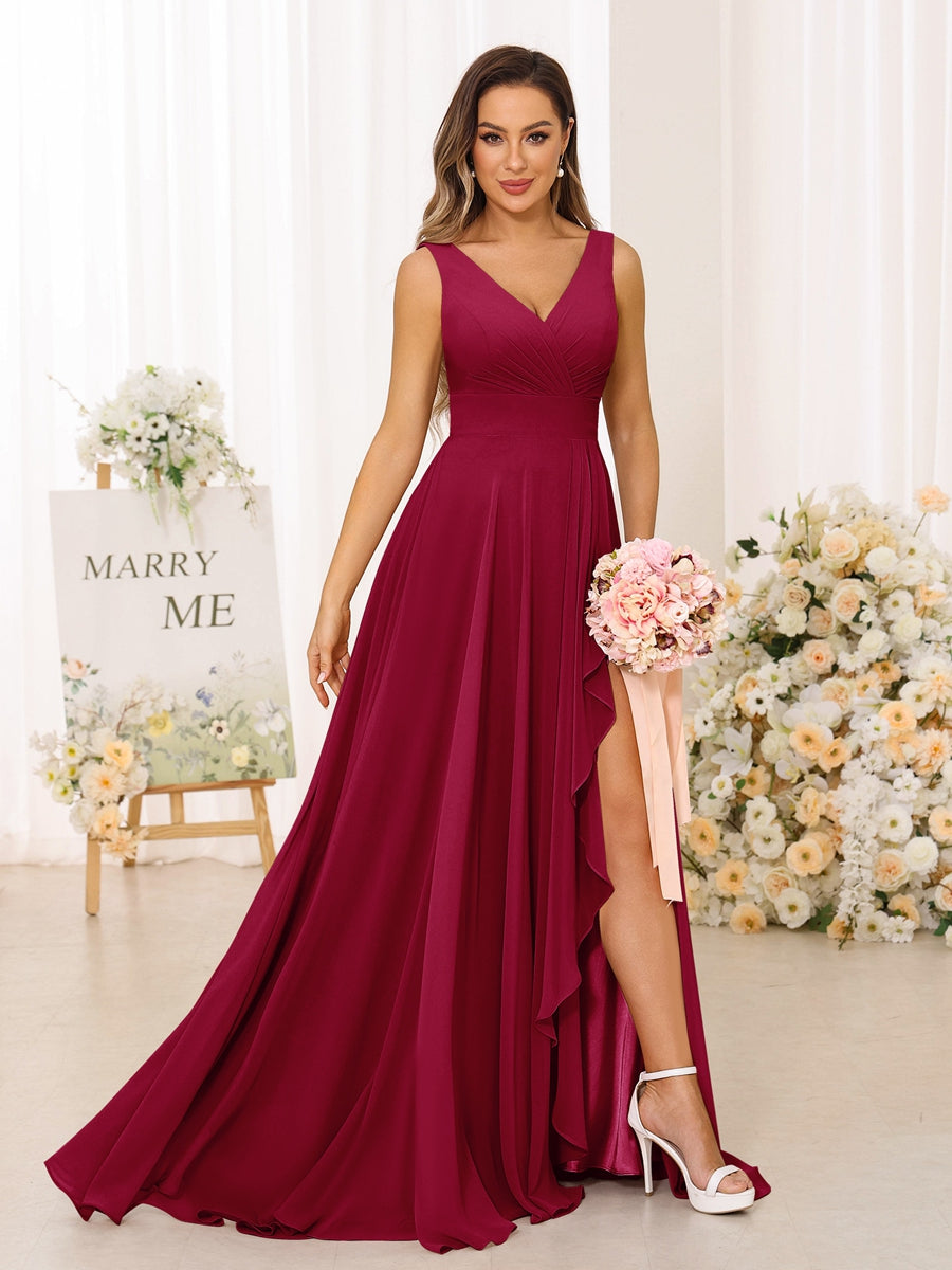 A-Line/Princess V-Neck Split Side Long Bridesmaid Dresses with Pockets Wine Red