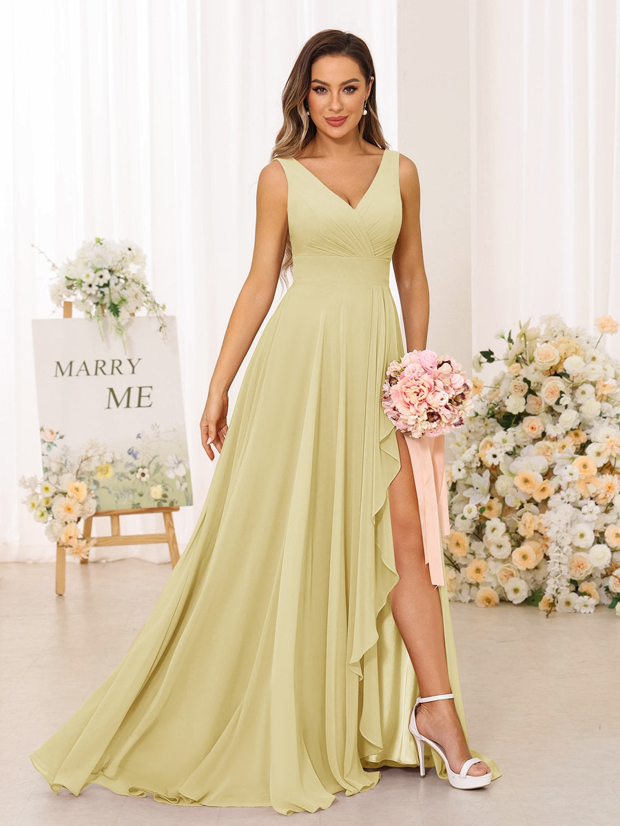 A-Line/Princess V-Neck Split Side Long Bridesmaid Dresses with Pockets Yellow