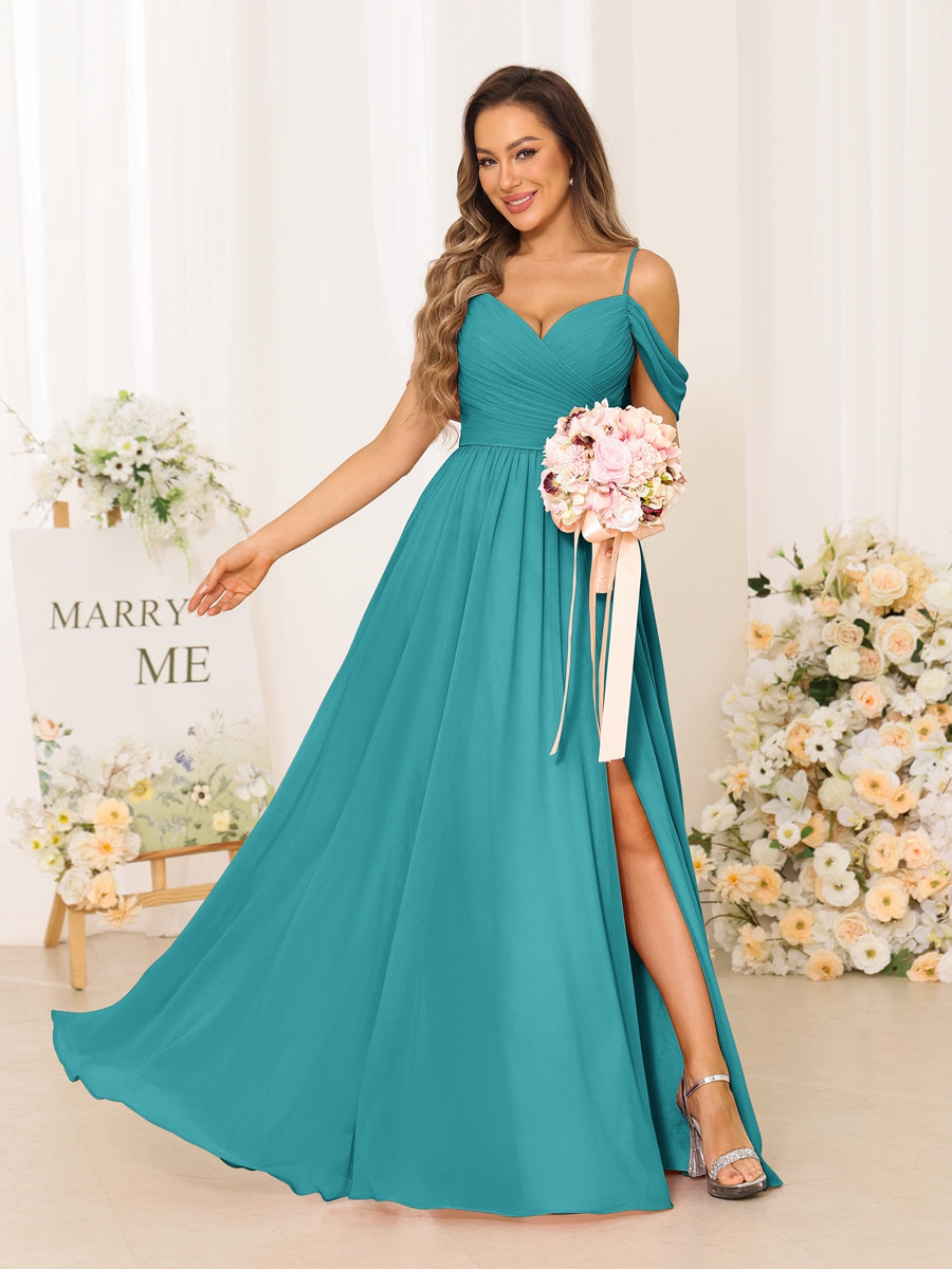 A-Line/Princess Spaghetti Straps Long Bridesmaid Dresses With Split Side Aqua Blue