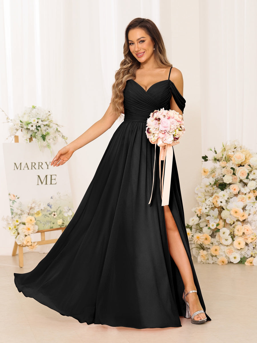 A-Line/Princess Spaghetti Straps Long Bridesmaid Dresses With Split Side Black