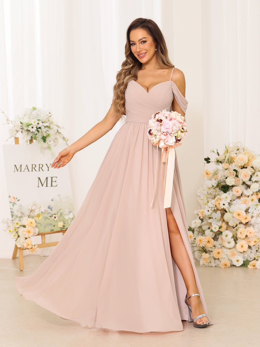 A-Line/Princess Spaghetti Straps Long Bridesmaid Dresses With Split Side Blush Pink