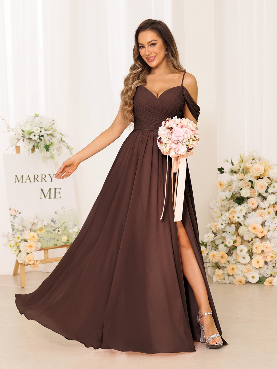 A-Line/Princess Spaghetti Straps Long Bridesmaid Dresses With Split Side Brown