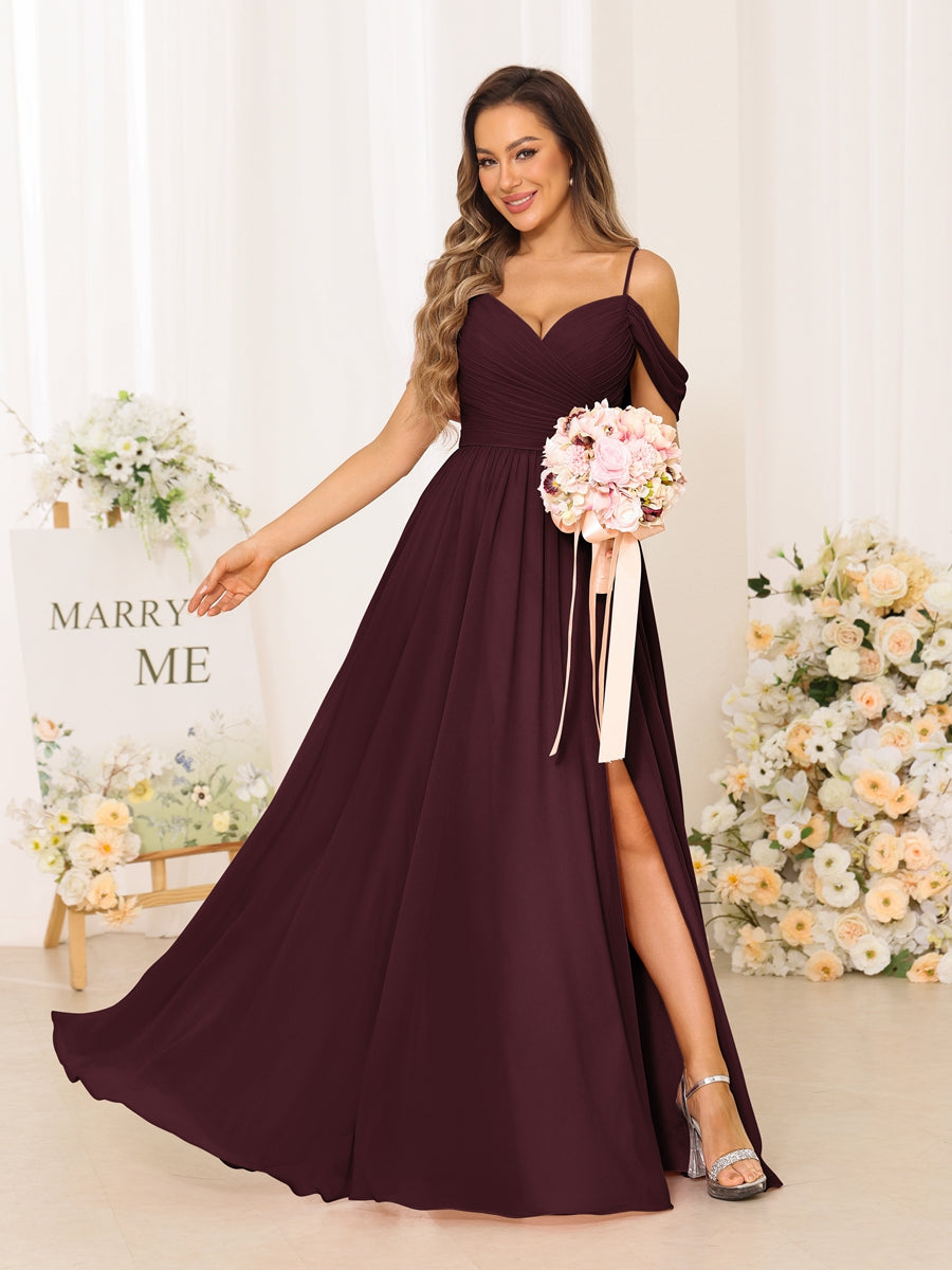 A-Line/Princess Spaghetti Straps Long Bridesmaid Dresses With Split Side Burgundy