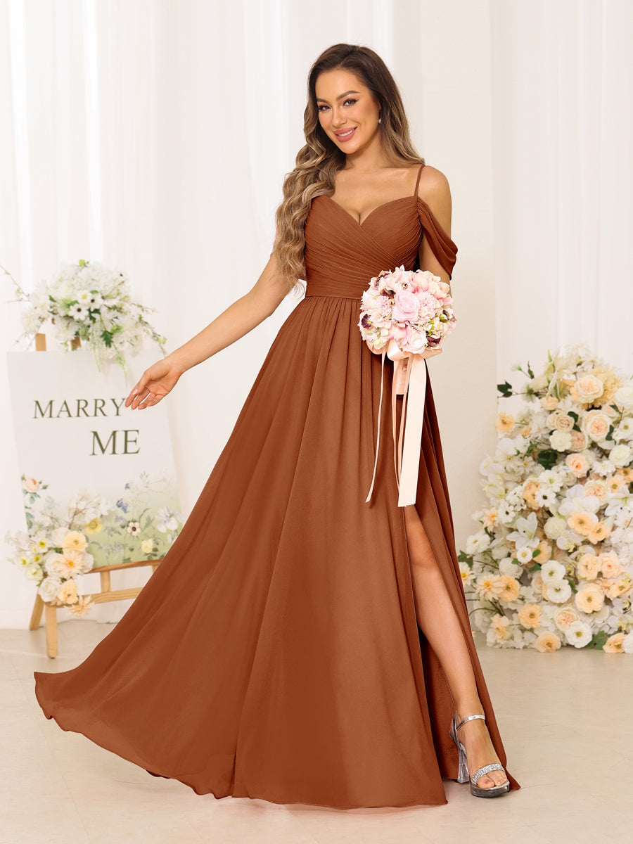 A-Line/Princess Spaghetti Straps Long Bridesmaid Dresses With Split Side Burnt Orange