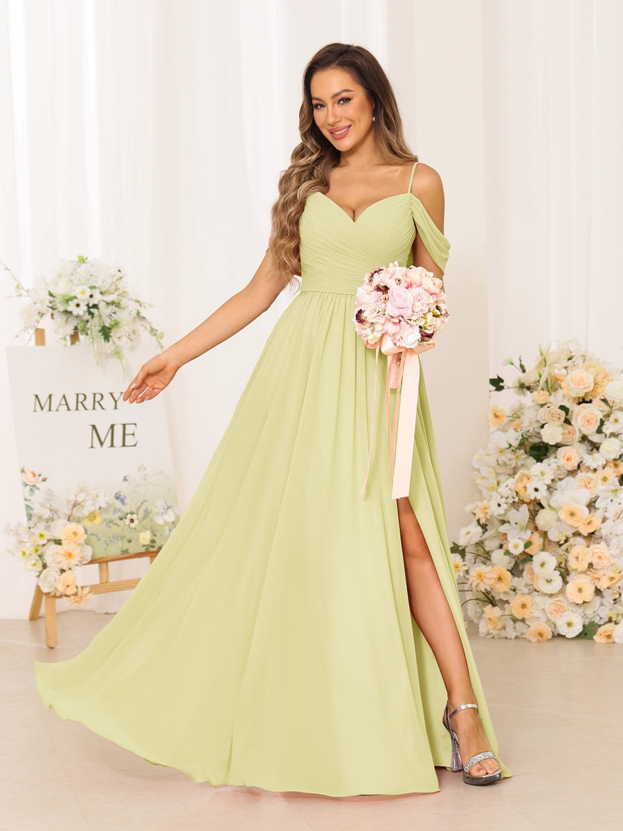 A-Line/Princess Spaghetti Straps Long Bridesmaid Dresses With Split Side Canary