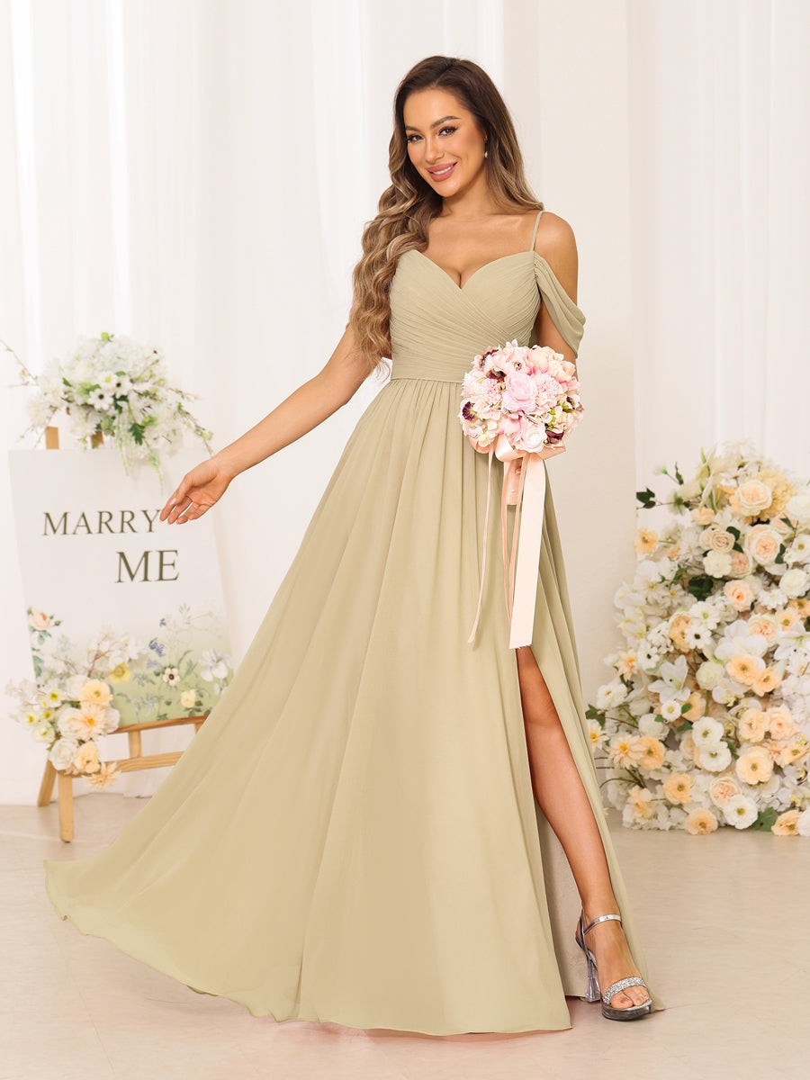 A-Line/Princess Spaghetti Straps Long Bridesmaid Dresses With Split Side Champagne