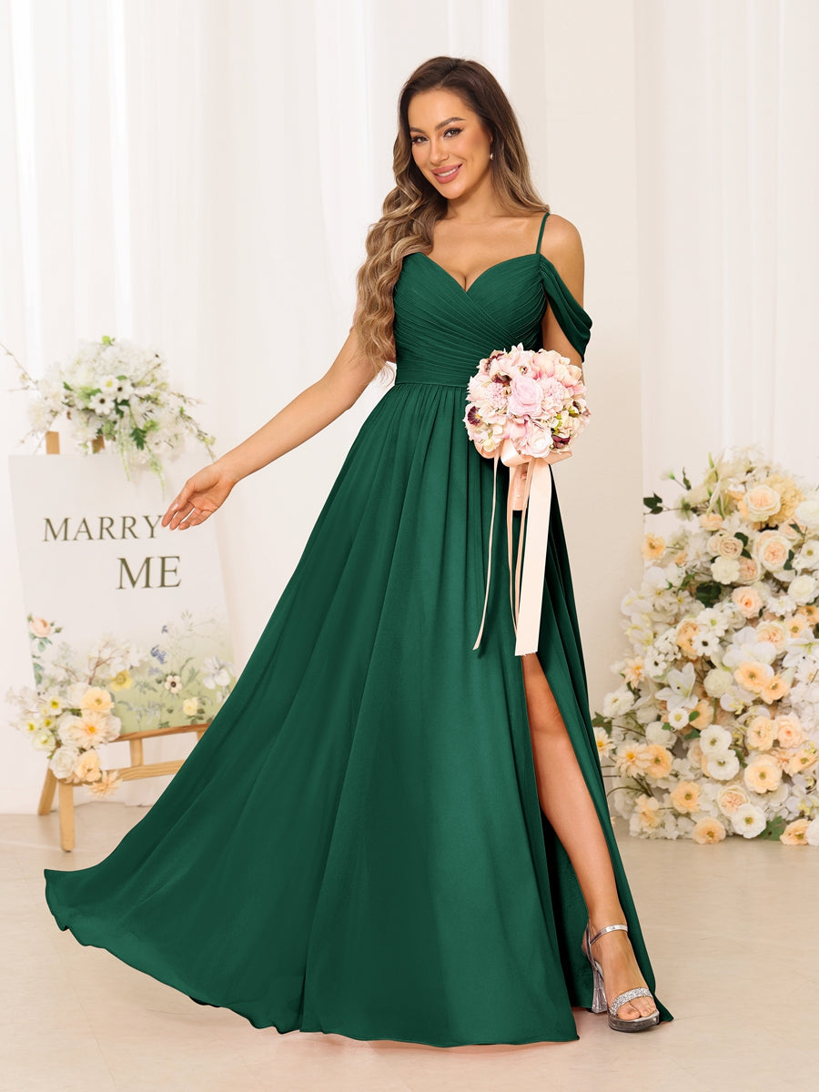 A-Line/Princess Spaghetti Straps Long Bridesmaid Dresses With Split Side Dark Green