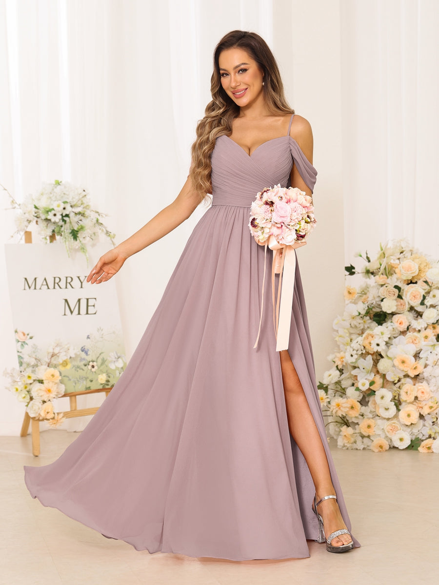 A-Line/Princess Spaghetti Straps Long Bridesmaid Dresses With Split Side Dusty Pink
