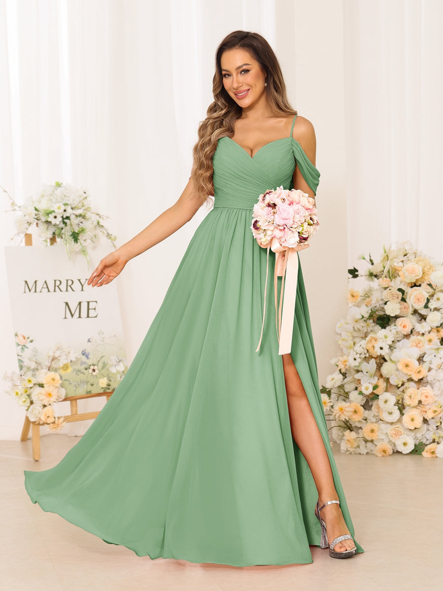 A-Line/Princess Spaghetti Straps Long Bridesmaid Dresses With Split Side Dusty Sage