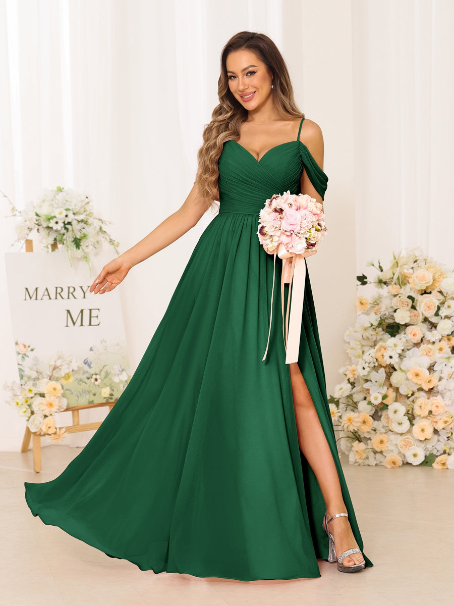 A-Line/Princess Spaghetti Straps Long Bridesmaid Dresses With Split Side Emerald