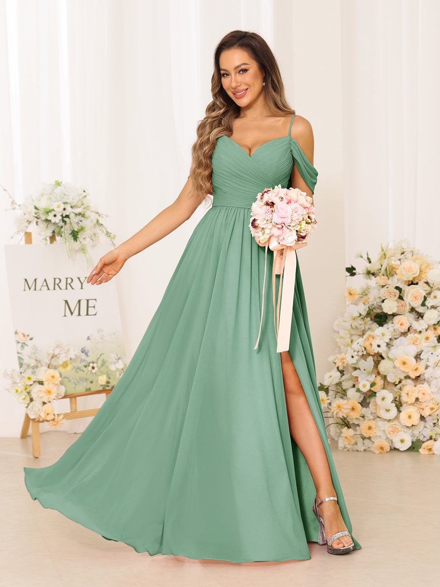 A-Line/Princess Spaghetti Straps Long Bridesmaid Dresses With Split Side Eucalyptus