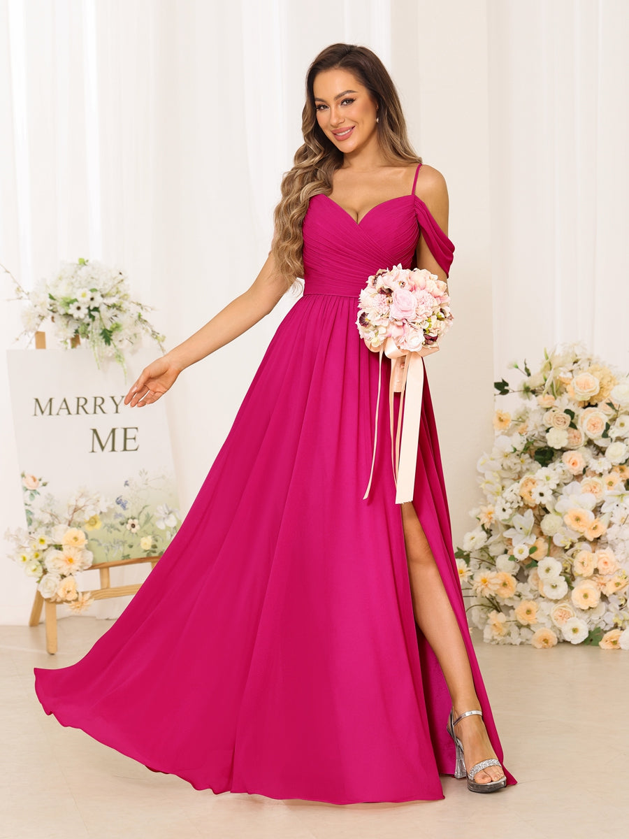 A-Line/Princess Spaghetti Straps Long Bridesmaid Dresses With Split Side Fuchsia