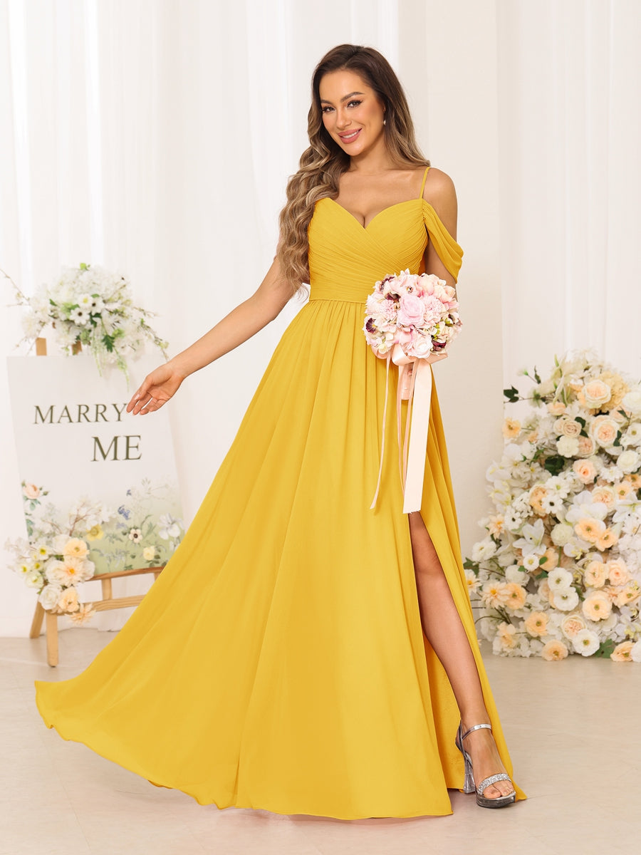 A-Line/Princess Spaghetti Straps Long Bridesmaid Dresses With Split Side Gold