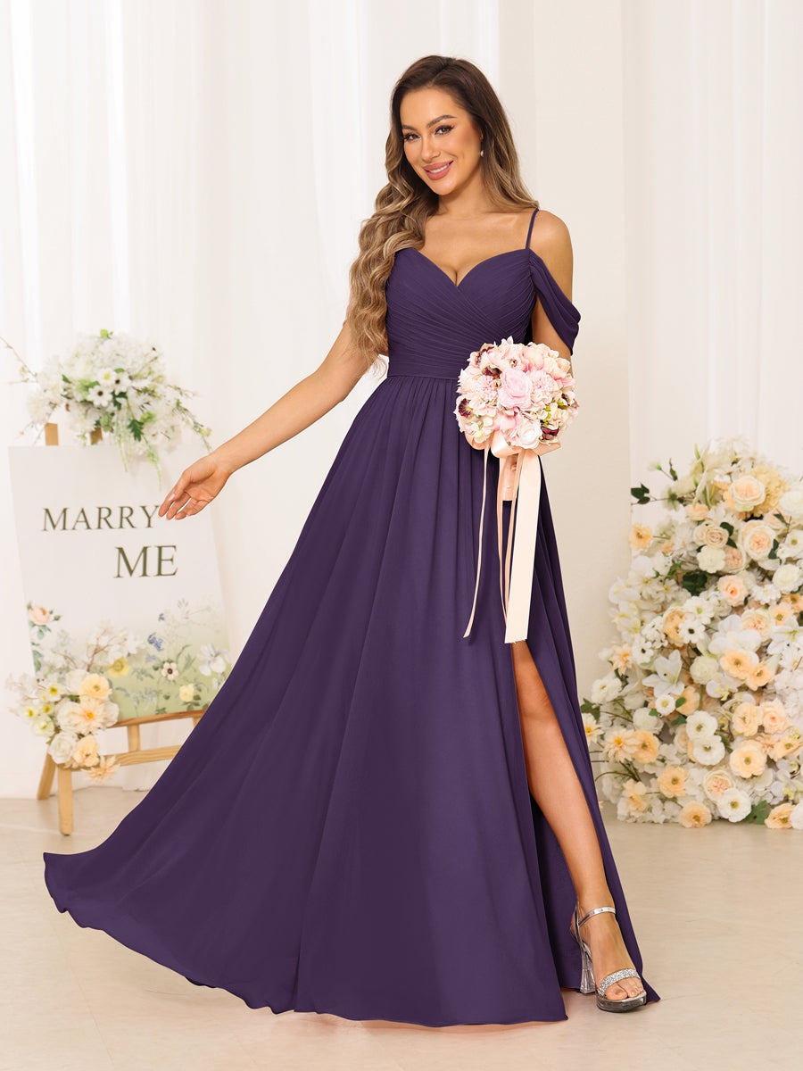 A-Line/Princess Spaghetti Straps Long Bridesmaid Dresses With Split Side Grape